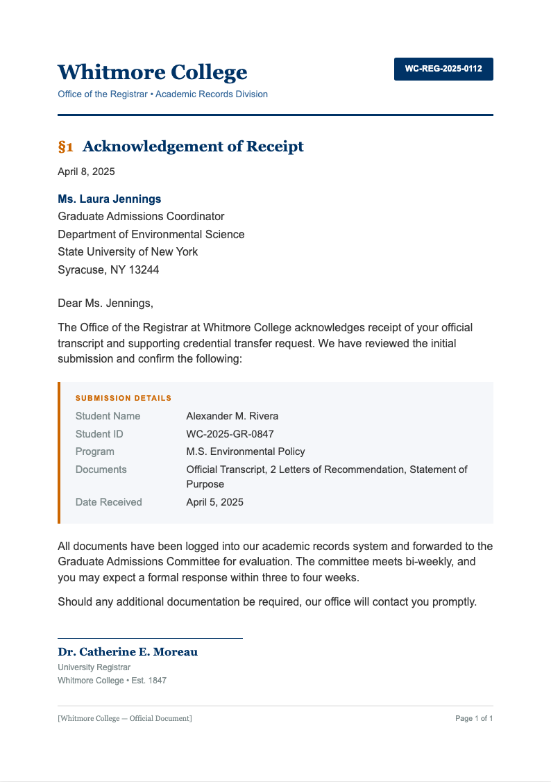 University academic acknowledgement letter